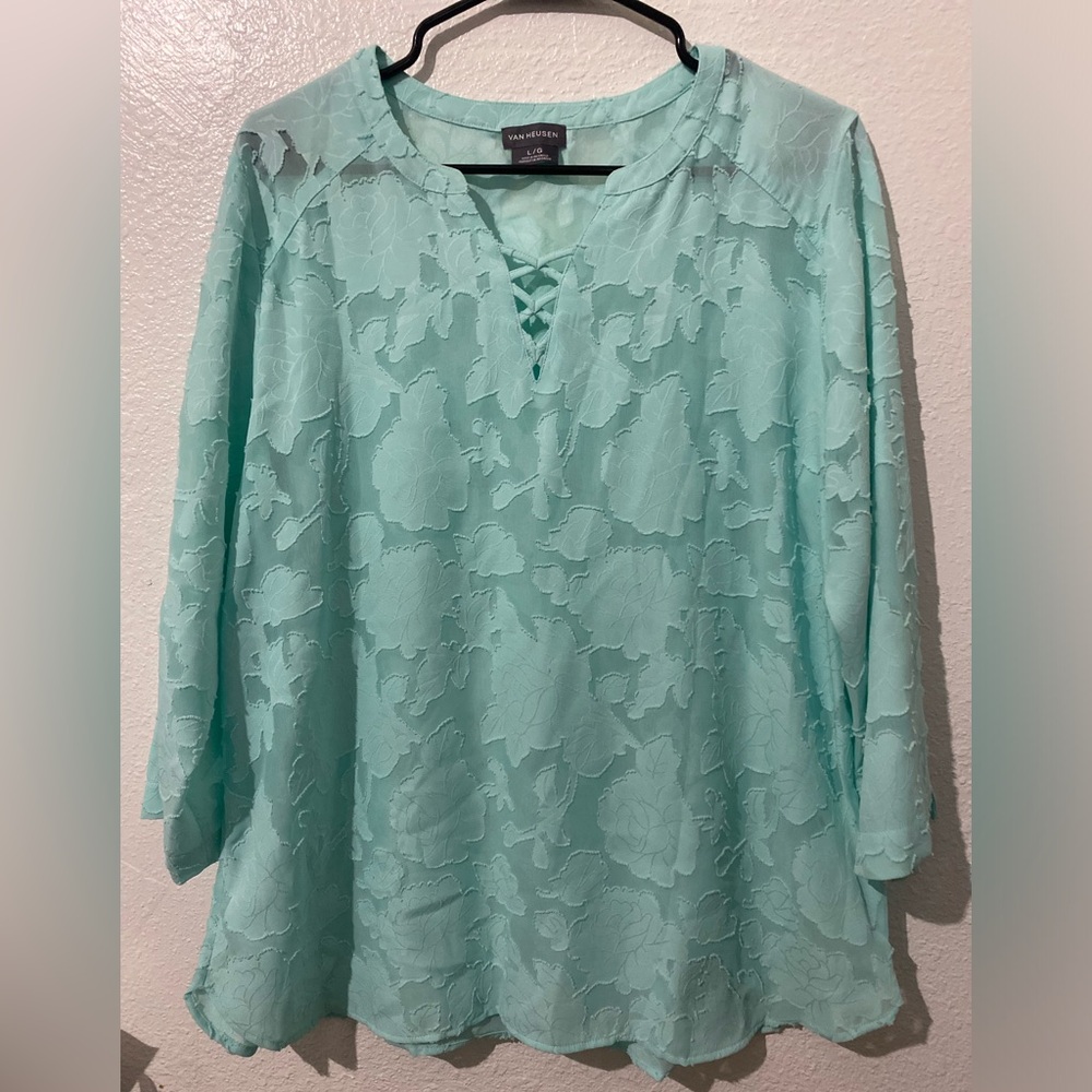 Van Heusen Mint Floral Lace-Overlay V-Neck blouse.